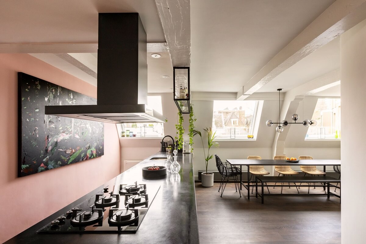 An Amsterdam Penthouse with Green Color Accents 11 minimalistic-black-kitchen-pink-wall-nordroom