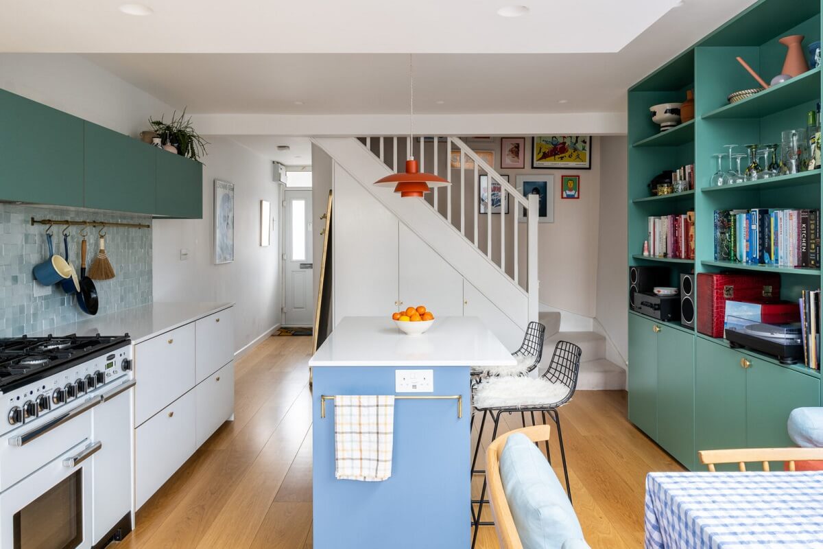 Blue and Green Tones in a London Home 5 modern-colorful-kitchen-bookcase-nordroom