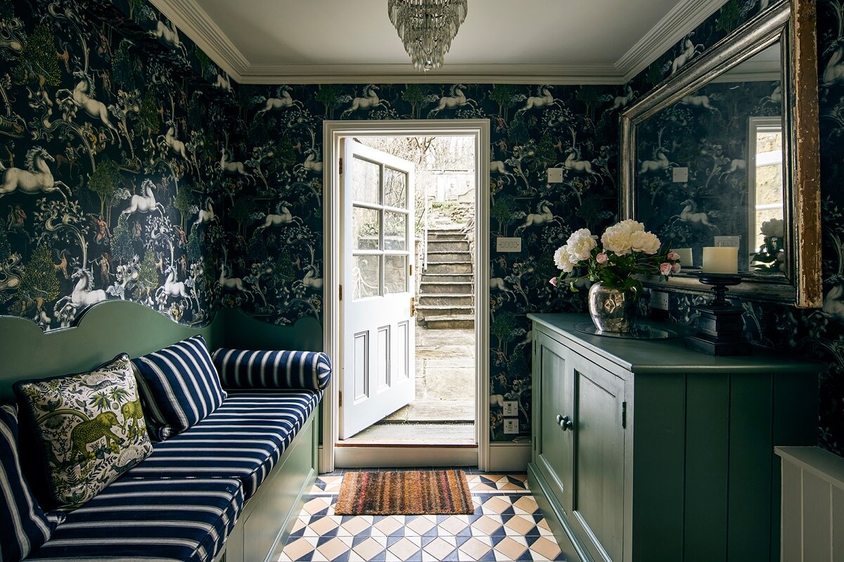 Colorful Rooms and Unique Decor in a Home in Bath 11 moody-garden-room-mind-the-gap-wallpaper-nordroom
