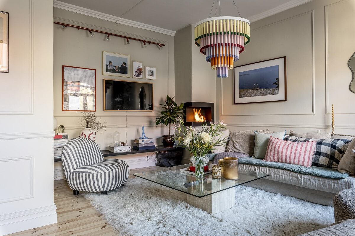 A Swedish Maisonette with a Blue Kitchen and Wallpaper 1 scandinavian-living-room-beige-walls-nordroom