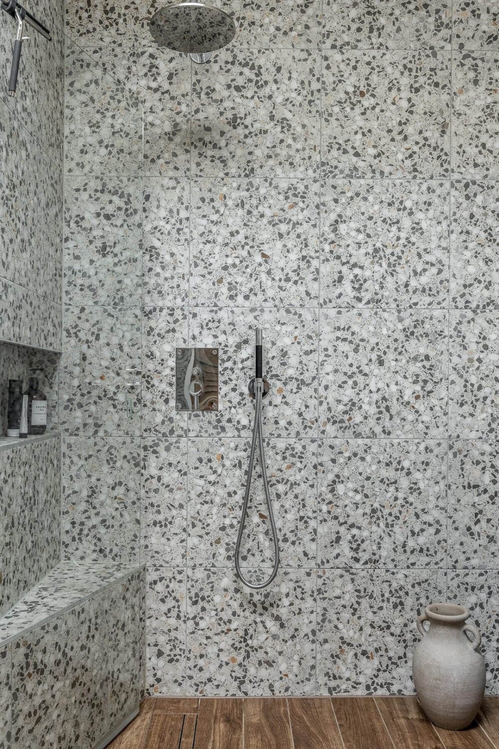 A Swedish Maisonette with a Blue Kitchen and Wallpaper 28 shower-terrazzo-tiles-wood-pattern-tiles-nordroom