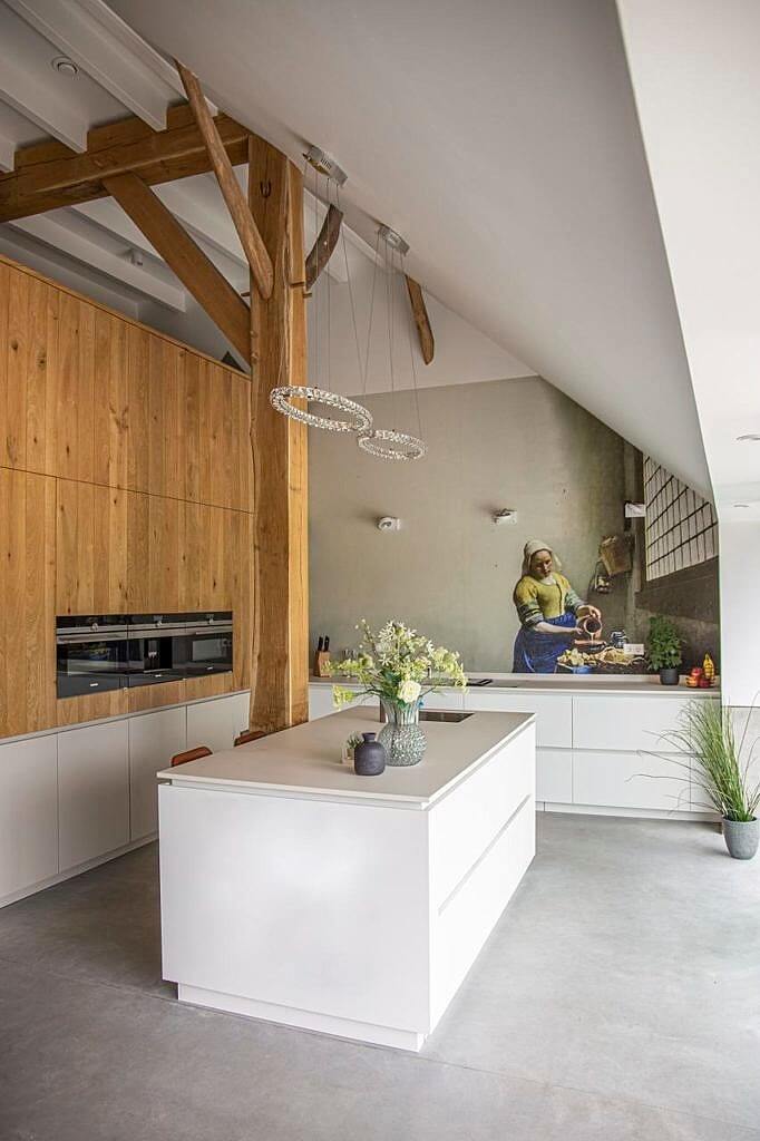 57 Stylish Two-Tone Kitchen Cabinet Ideas 12 sleek-white-cabinets-natural-wood-exposed-beams-nordroom