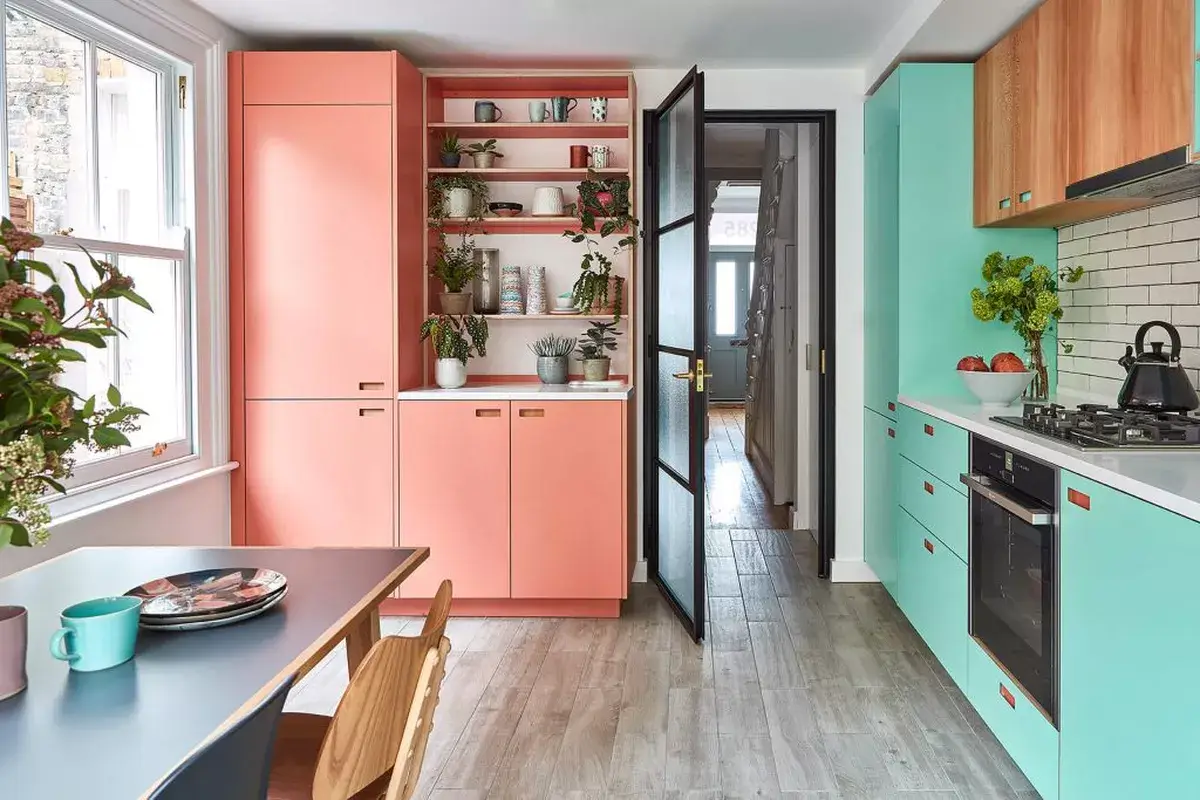 57 Stylish Two-Tone Kitchen Cabinet Ideas 52 two-toned-kitchen-cabinets-coral-blue-nordroom