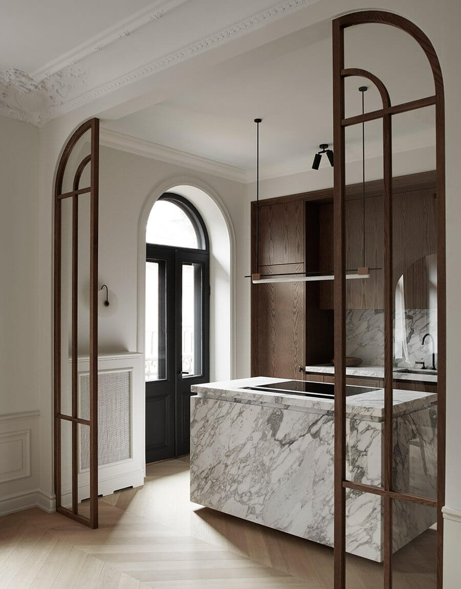 57 Stylish Two-Tone Kitchen Cabinet Ideas 47 wooden-architect-kitchen-marble-island-design