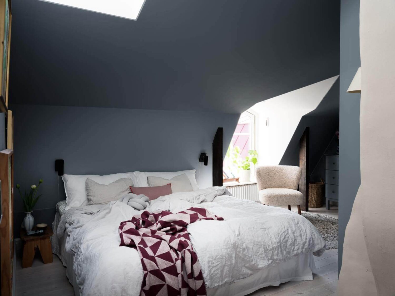 A Scandinavian Duplex That Blends Old and New 14 attic-bedroom-blue-walls-celing-skylight-nordroomi