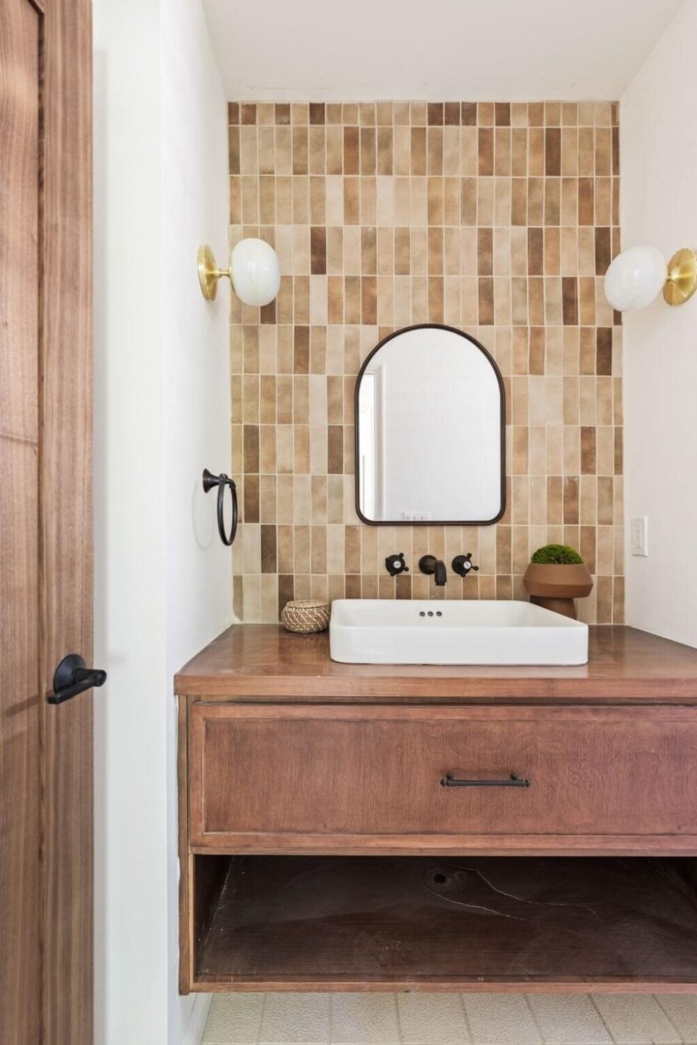 A Beautiful Serene Home in Encino Hills 28 bathroom-wooden-vanity-earthy-brown-tiles-nordroom