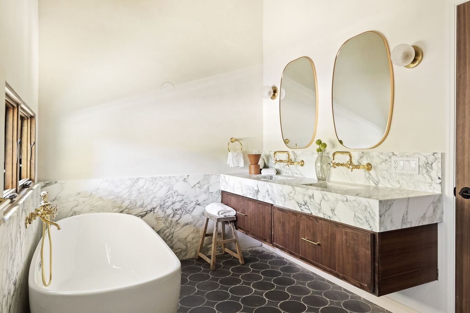 A Beautiful Serene Home in Encino Hills 20 bathroom-wooden-vanity-marble-top-bath-black-floor-tiles-nordroom