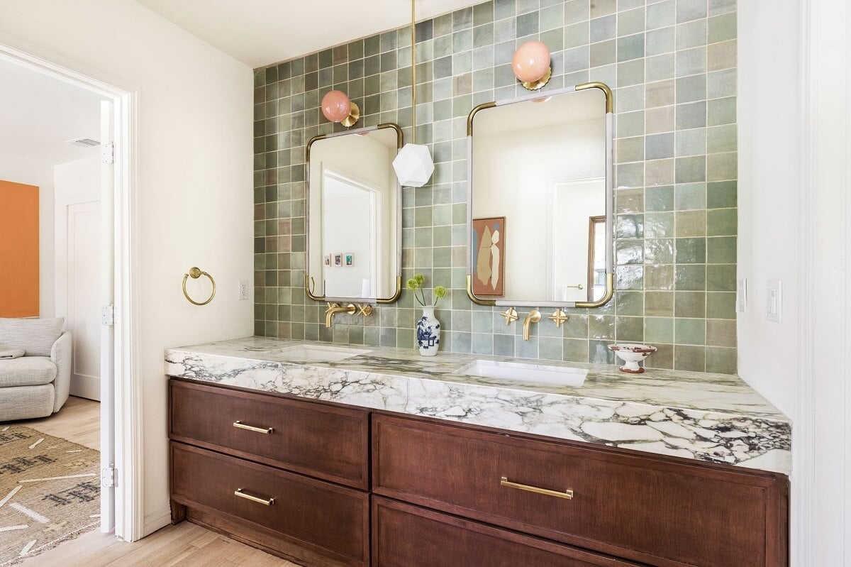 A Beautiful Serene Home in Encino Hills 24 bathroom-wooden-vanity-marble-top-green-tiles-nordroom