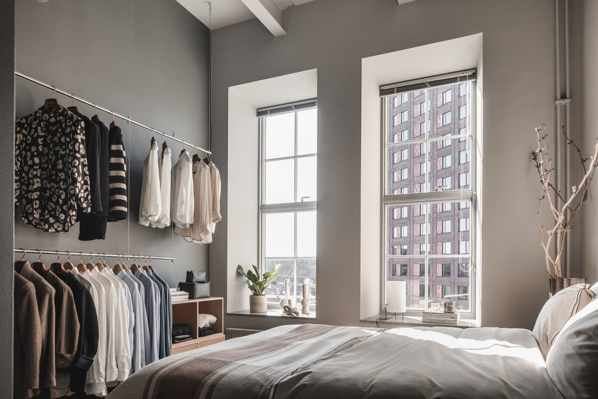 A Modern Gray Industrial Apartment 10 bedroom-high-ceilings-open-warrobe-nordroom