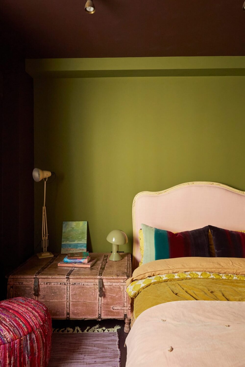 Jewel-Toned Hues in a Vibrant Eclectic Mews House 11 bedroom-mulberry-red-walls-ceiling-green-accent-color-nordroom