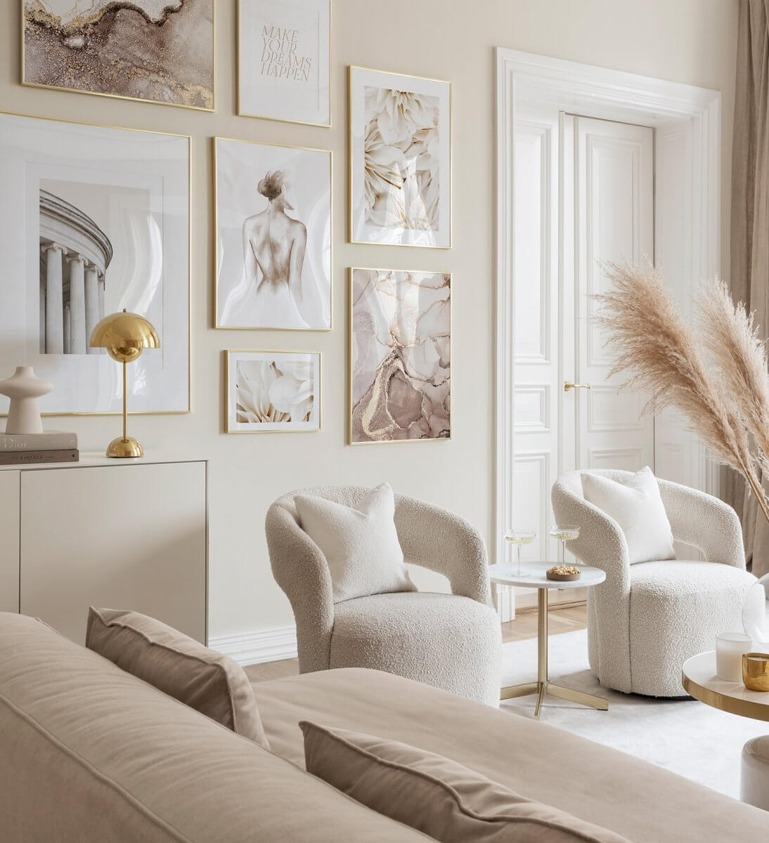 Christian Siriano x Sherwin-Williams Color Collection 48 beige-white-living-room-gallery-wall-nordroom