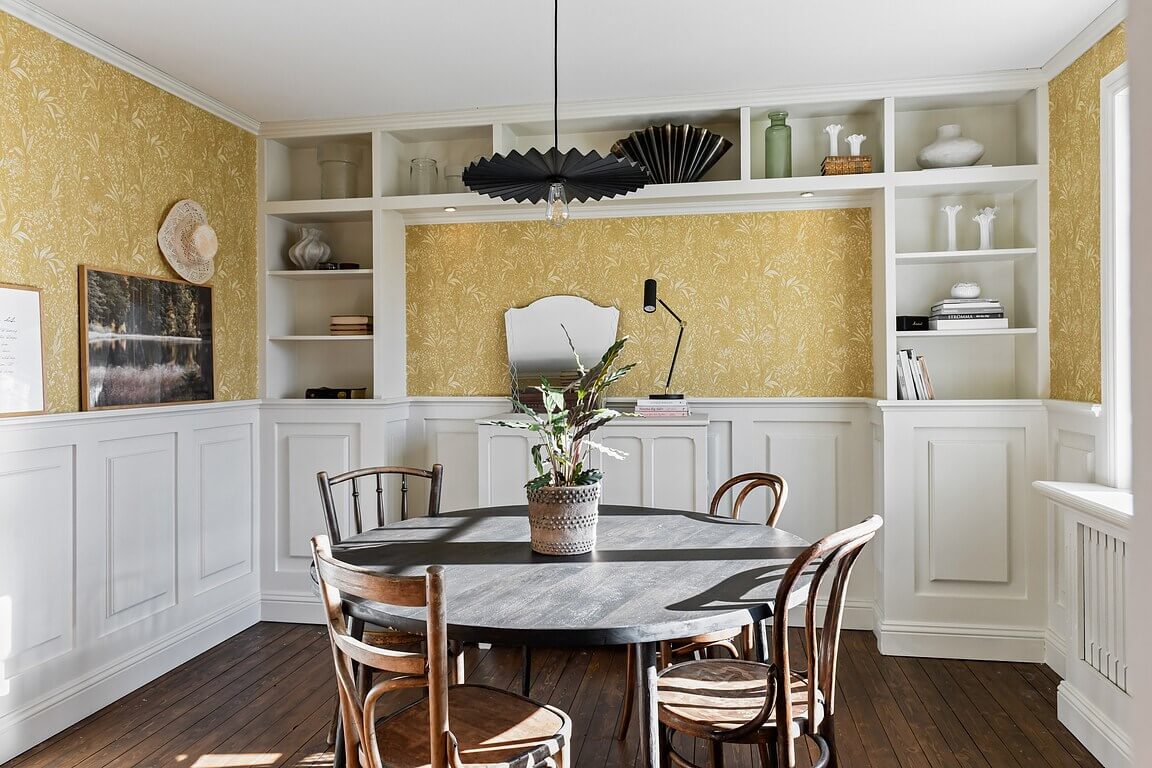 An Idyllic Family Home in the Swedish Countryside 11 breakfast-room-yellow-wallpaper-built-in-cabinets-nordroom