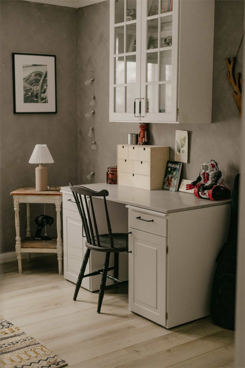 An Idyllic Family Home in the Swedish Countryside 20 desk-wall-mounted-cabinet-gray-walls-nordroom