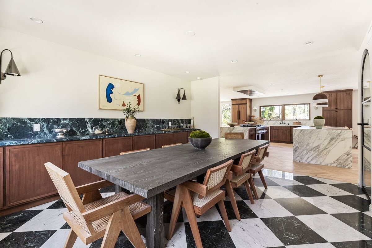 A Beautiful Serene Home in Encino Hills 9 dining-room-black-white-checkerboard-floor-kitchen-nordroom