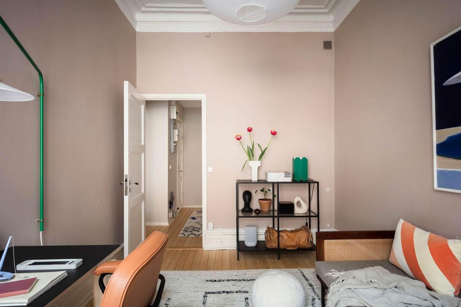 A Stylish Nordic Apartment with a Pink Bedroom 18 guest-bedroom-home-office-pink-walls-nordroom