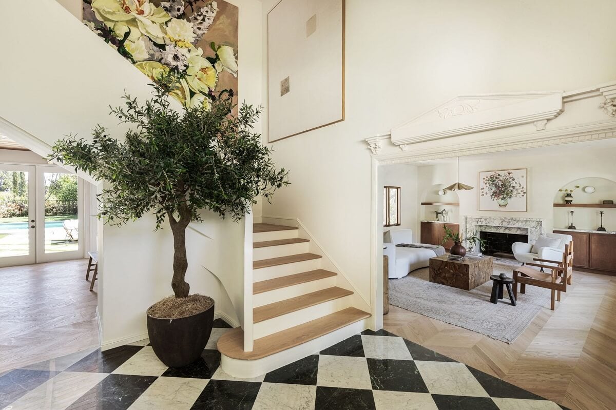 A Beautiful Serene Home in Encino Hills 12 hallway-foyer-staircase-checkerboard-floor-nordroom