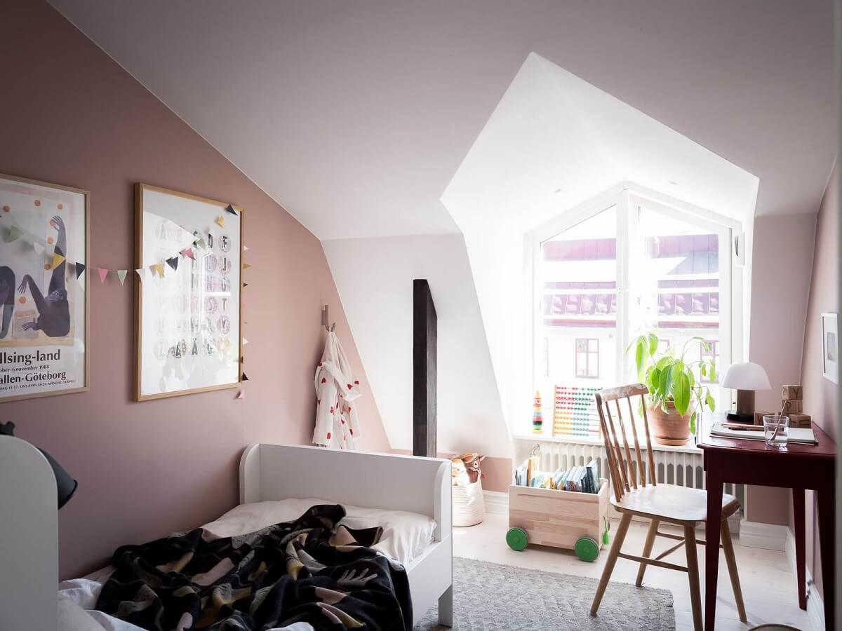 A Scandinavian Duplex That Blends Old and New 18 kids-bedroom-slanted-ceiling-pink-wall-nordroom