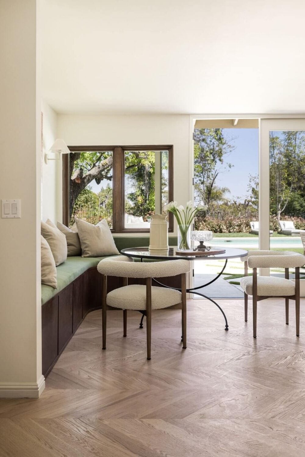 A Beautiful Serene Home in Encino Hills 7 kitchen-breakfast-nook-green-cushions-nordroom