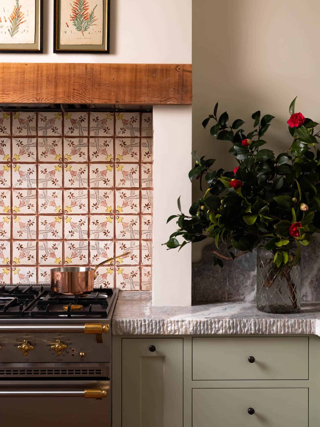 A Cozy Pied-à-Terre with Slanted Ceilings and Wallpaper 8 kitchen-worktop-detail-structure-light-green-cabinets-nordroom