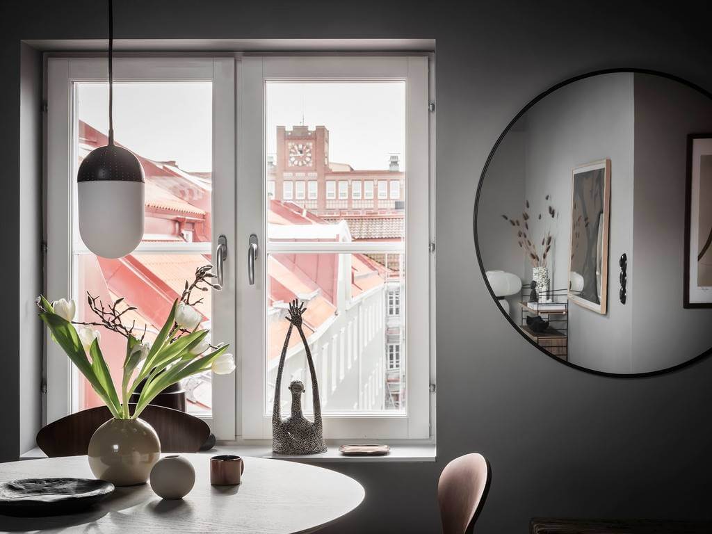 A Small Gray Attic Apartment in Sweden 7 large-round-mirror-gray-attic-apartment-nordroom