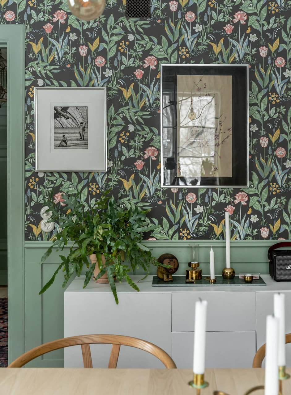 Green Tones and Wallpaper in a Charming Swedish Home 7 living-room-detail-spring-garden-wallpaper-nordroom