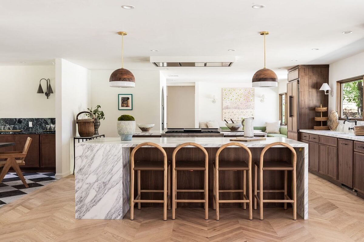 A Beautiful Serene Home in Encino Hills 4 marble-wood-kitchen-island-bar-stools-nordroom