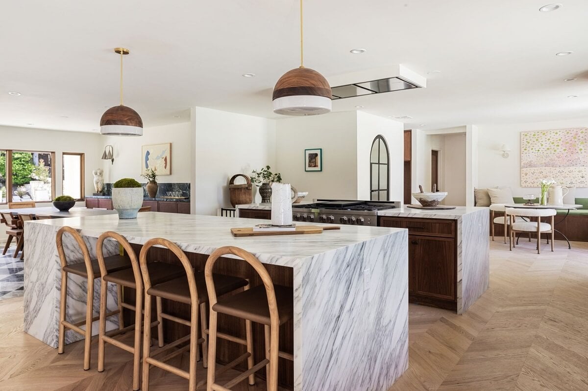 A Beautiful Serene Home in Encino Hills 5 modern-marble-wood-kitchen-island-chevron-floor-nordroom