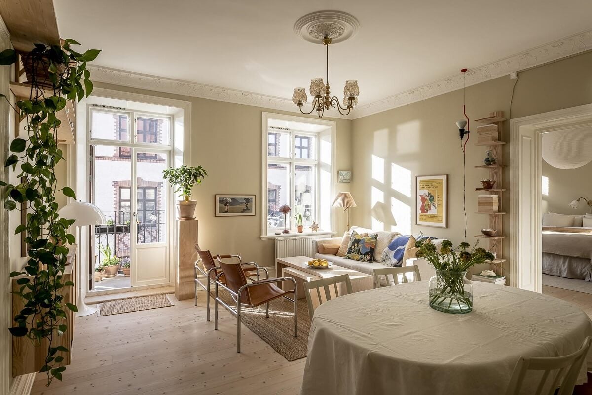 A Scandinavian Apartment with a Pale Yellow Kitchen 2 natural-light-beige-living-room-nordroom