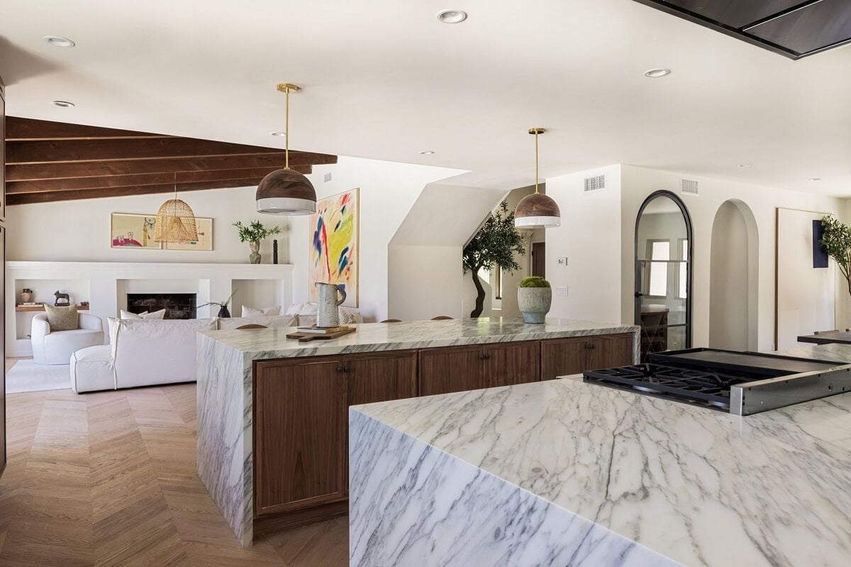 A Beautiful Serene Home in Encino Hills 8 open-plan-kitchen-living-room-marble-worktop-nordroom