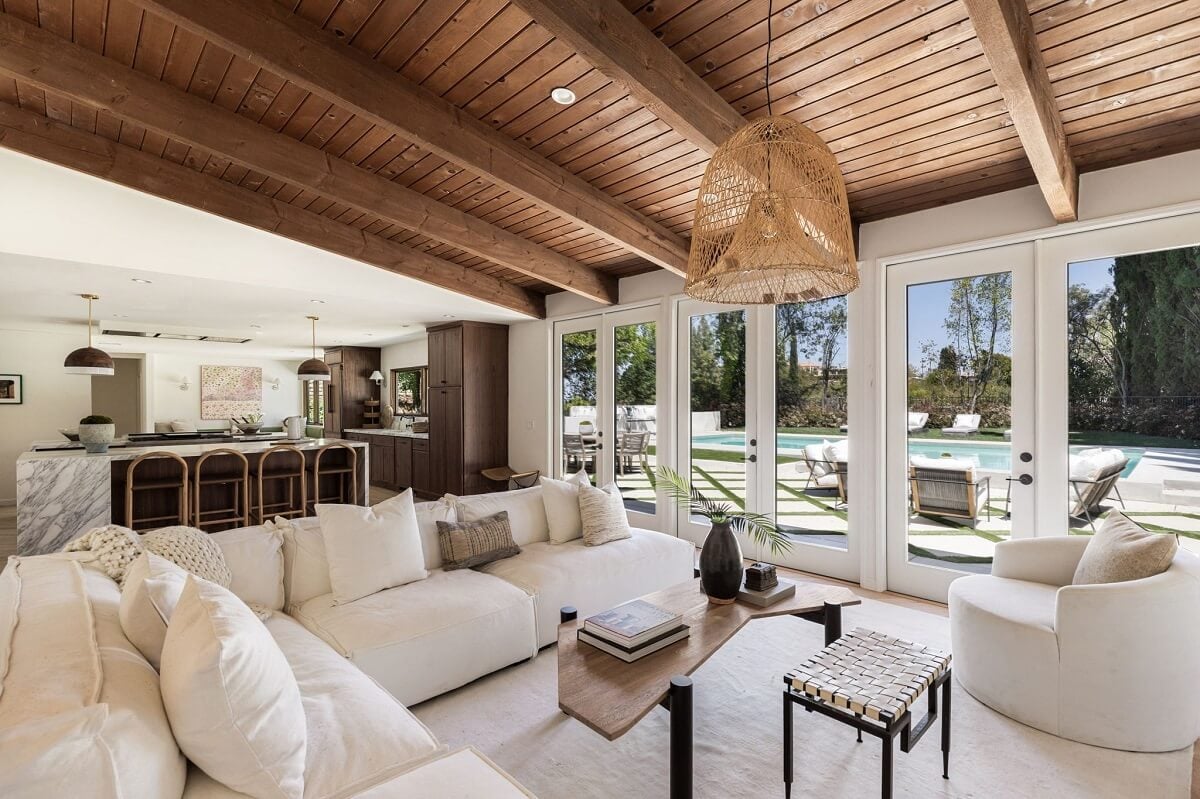 A Beautiful Serene Home in Encino Hills 1 open-plan-living-room-kitchen-wooden-ceiling-nordroom