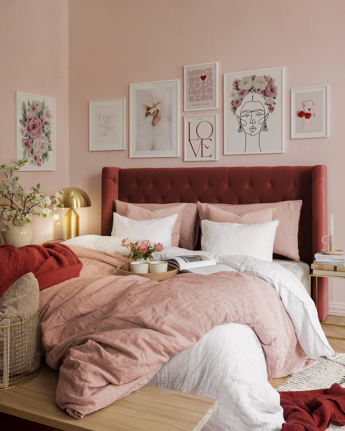 The Best Warm Paint Colors for a Bedroom 2 romantic-pink-bedroom-velvet-headboard-poster-art-nordroom