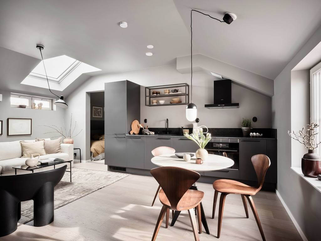 A Small Gray Attic Apartment in Sweden 4 small-attic-apartment-dark-gray-kitchen-slanted-ceiling-nordroom