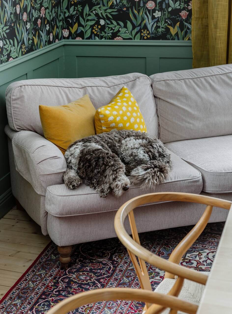 Green Tones and Wallpaper in a Charming Swedish Home 3 sofa-living-room-wallpaper-green-panels-nordroom
