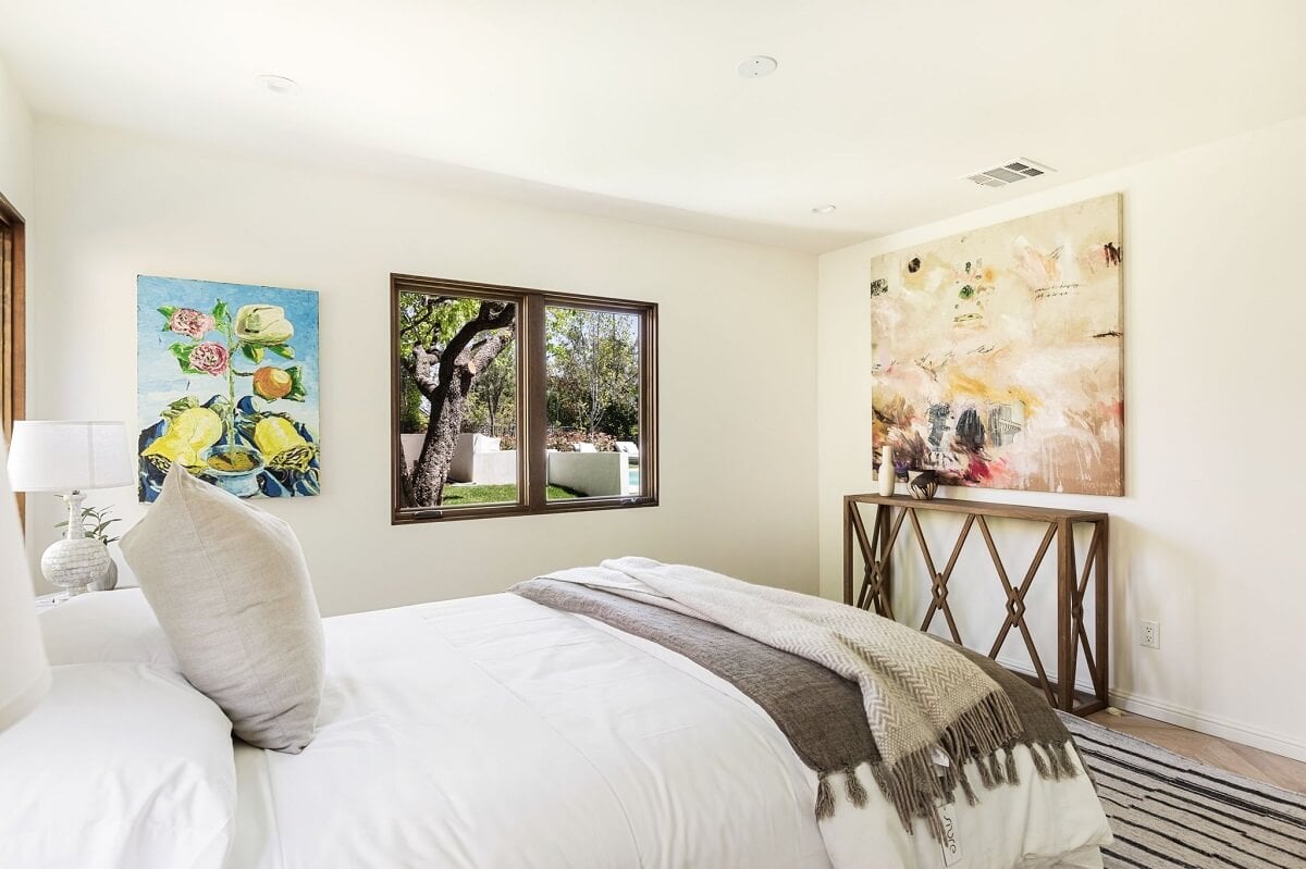 A Beautiful Serene Home in Encino Hills 29 white-beige-bedroom-striped-rug-nordroom