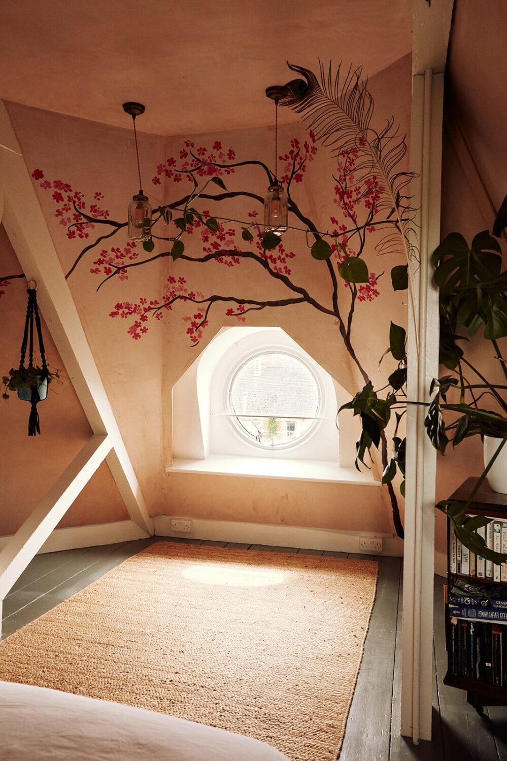 A Spectacular Kitchen in a Historic English House 23 attic-bedroom-slanted-ceiling-floral-mural-nordroom