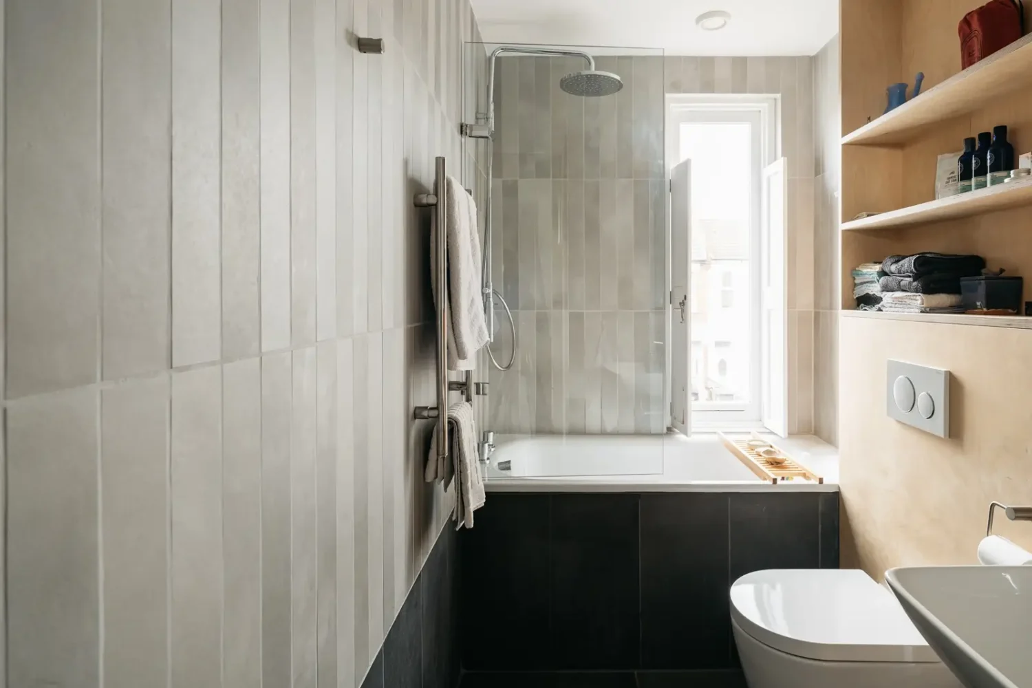 Modern Custom Interiors in a Victorian Home 17 bathroom-gray-tiles-birch-ply-shelves-nordroom