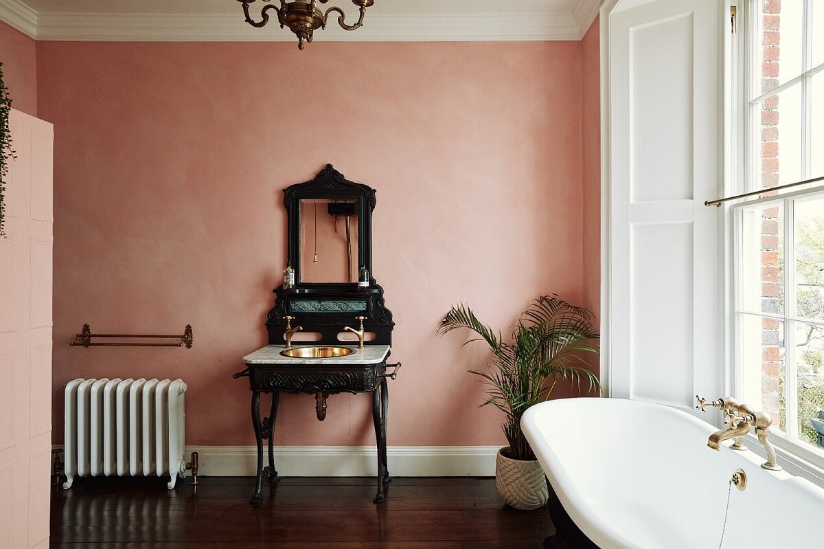 89 Pink Bathroom Ideas: From Hot Pink Walls to Blush Tiles 93 bathroom-pink-walls-freestanding-bath-antique-vanity-basin-nordroom