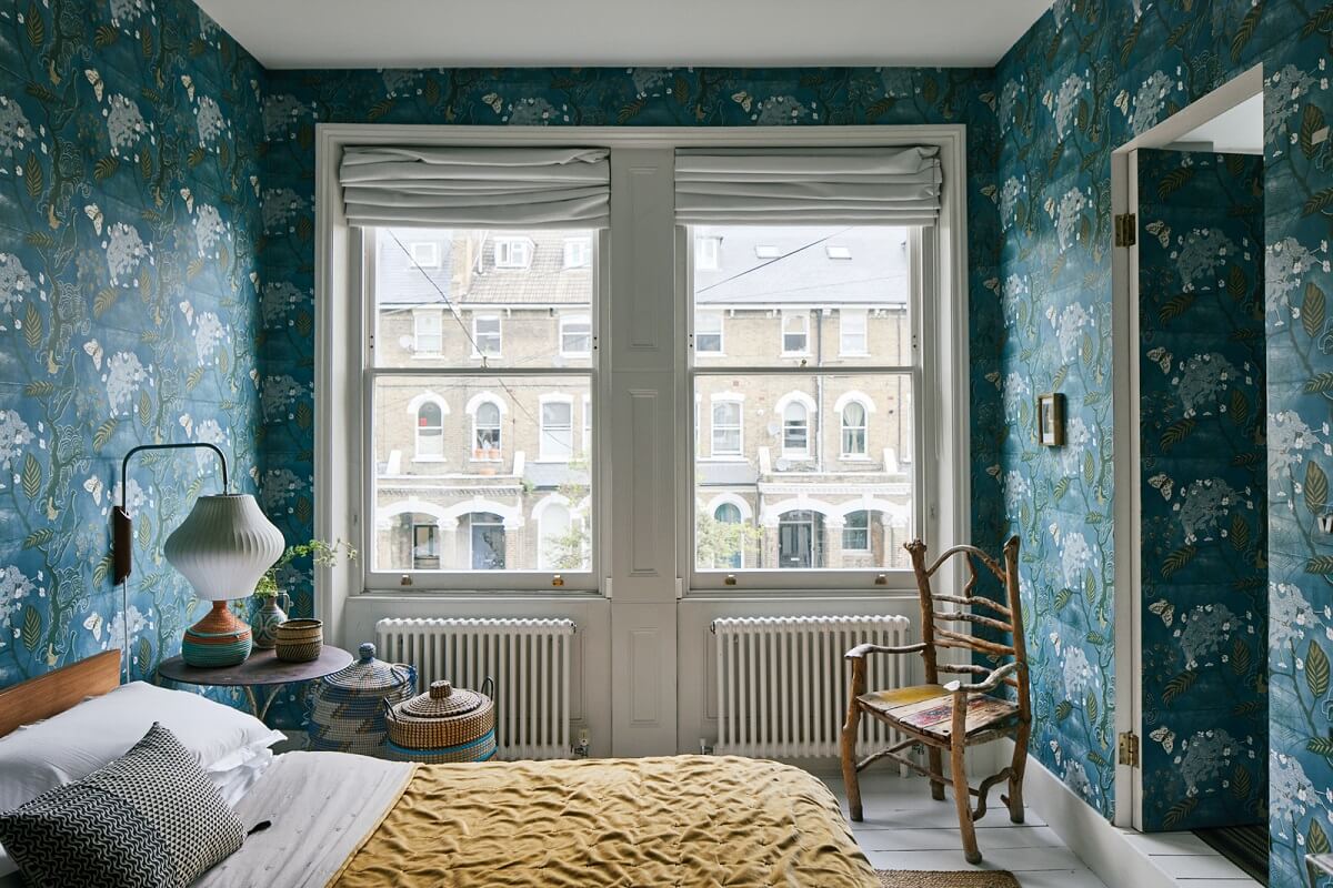 A Light Victorian Townhouse with Teal Reading Room 14 bedroom-blue-linocut-block-print-design-walls-nordroom