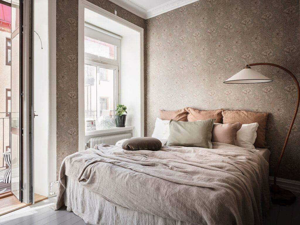 A Scandi Home with Stainless Steel Kitchen and Wallpaper 24 bedroom-brown-tones-wallpaper-nordroom