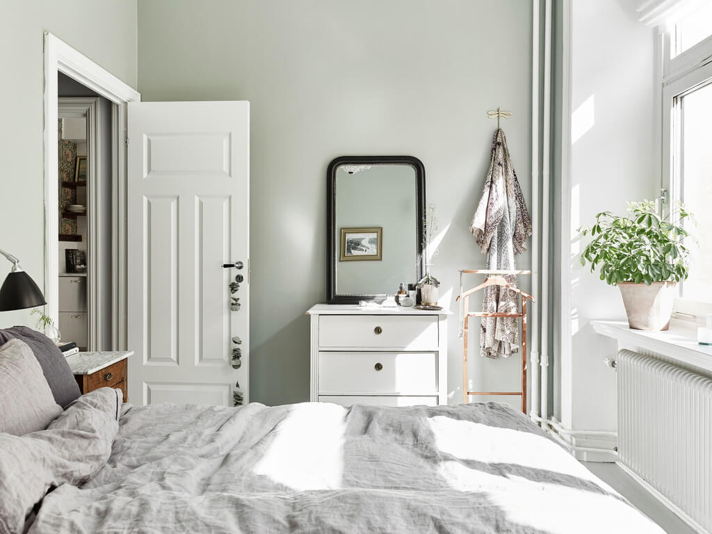 A Scandi Home with Stainless Steel Kitchen and Wallpaper 28 bedroom light gray walls nordroom A Scandi Home with Stainless Steel Kitchen and Wallpaper