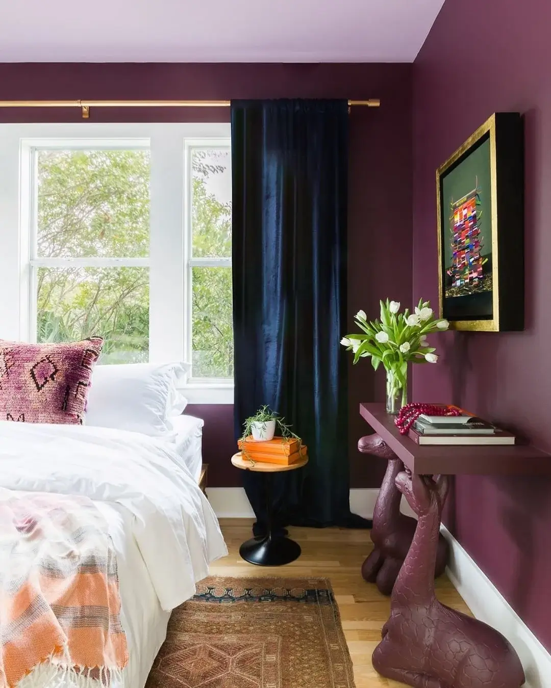 The Best Warm Paint Colors for a Bedroom 33 bedroom-purple-walls-farrow-ball-brinjal-deep-blue-velvet-curtains-nordroom