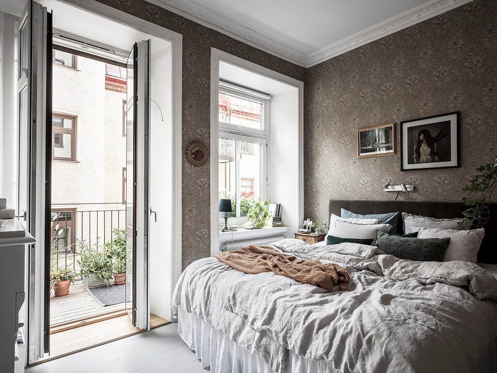 A Scandi Home with Stainless Steel Kitchen and Wallpaper 29 bedroom wallpaper earth tones nordroom A Scandi Home with Stainless Steel Kitchen and Wallpaper