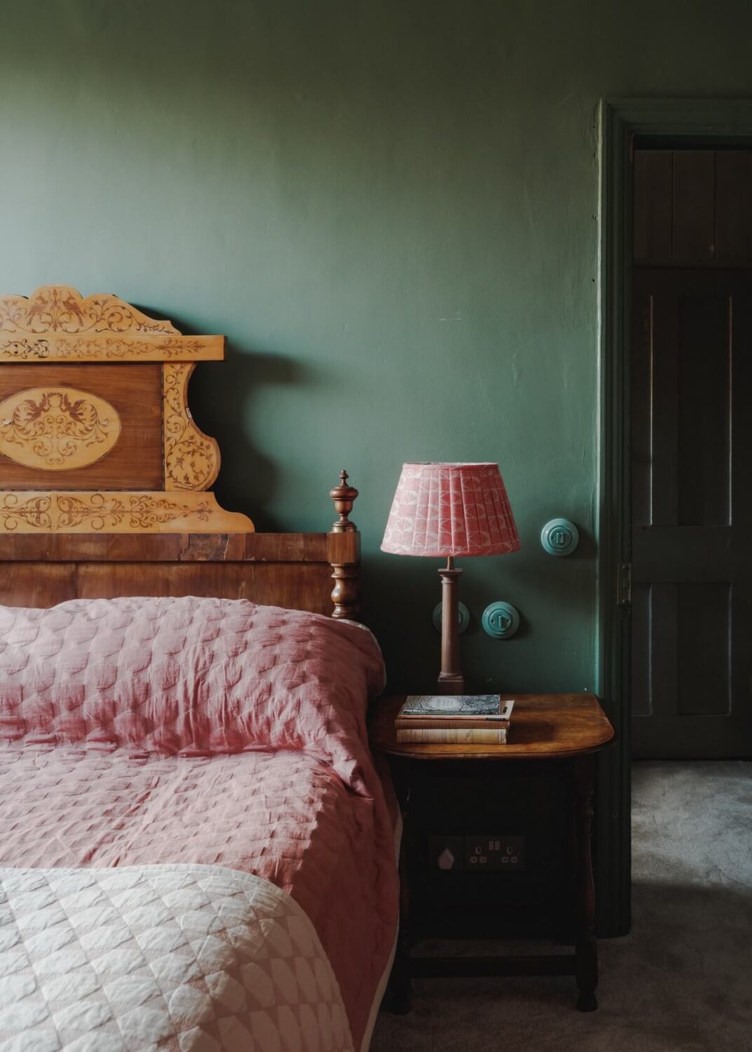 A Unique Historic House with Old Fashioned Shop in Bath 15 bedroom-wooden-bed-green-walls-nordroom