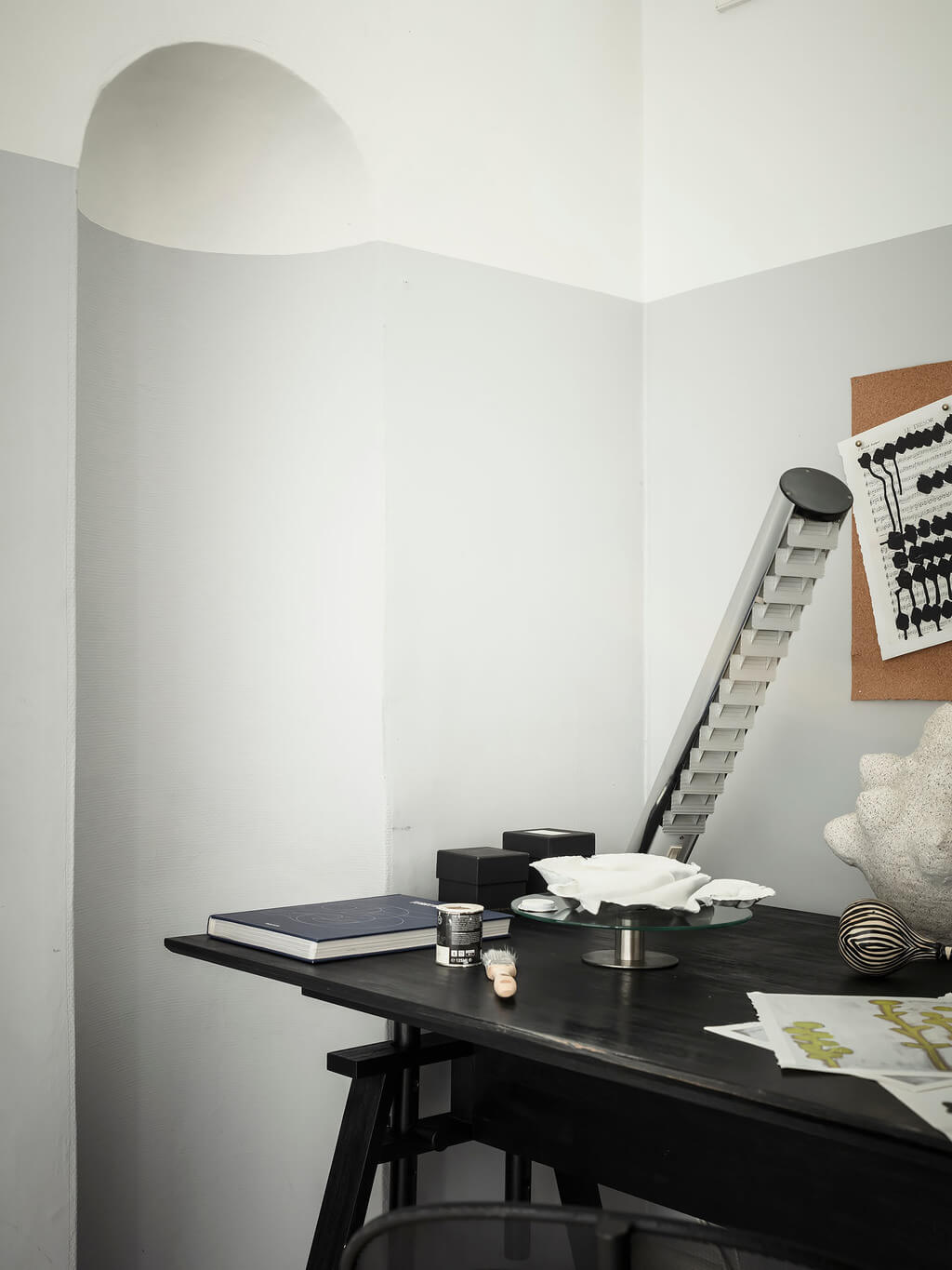 A Scandi Home with Stainless Steel Kitchen and Wallpaper 32 black-desk-small-home-office-two-toned-wall-nordroom