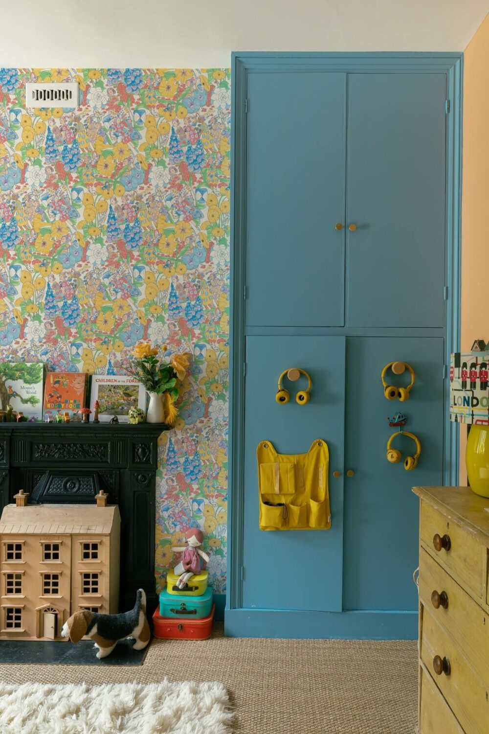 Colorful Rooms in a Family Home in London 18 blue-built-in-wadrobe-wallpaper-kids-bedroom-nordroom