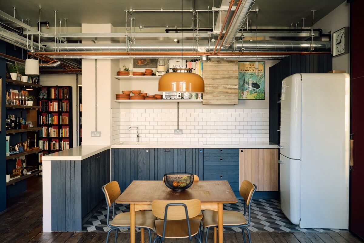 An Industrial Warehouse Apartment in London 6 blue-kitchen-cabinets-industrial-warehouse-apartment-nordroom