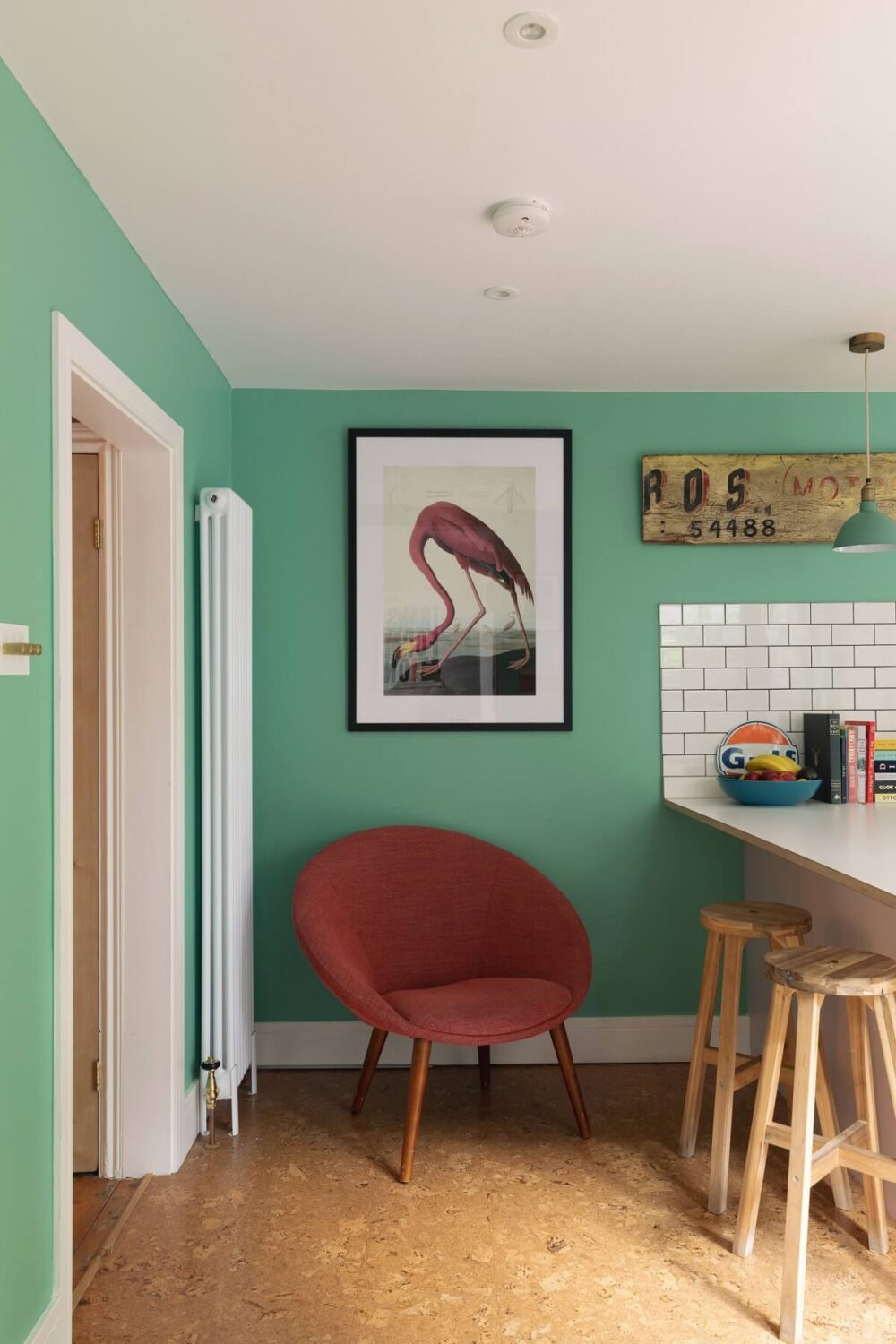 Colorful Rooms in a Family Home in London 11 breakfast-bar-kitchen-arsenic-green-walls-nordroom