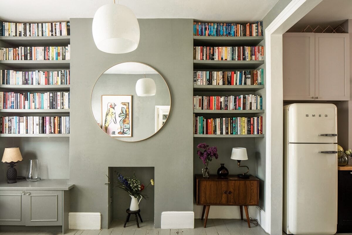 Muted Natural Colors in a Victorian House 2 built-in-bookshelves-green-sitting-room-round-mirror-nordroom