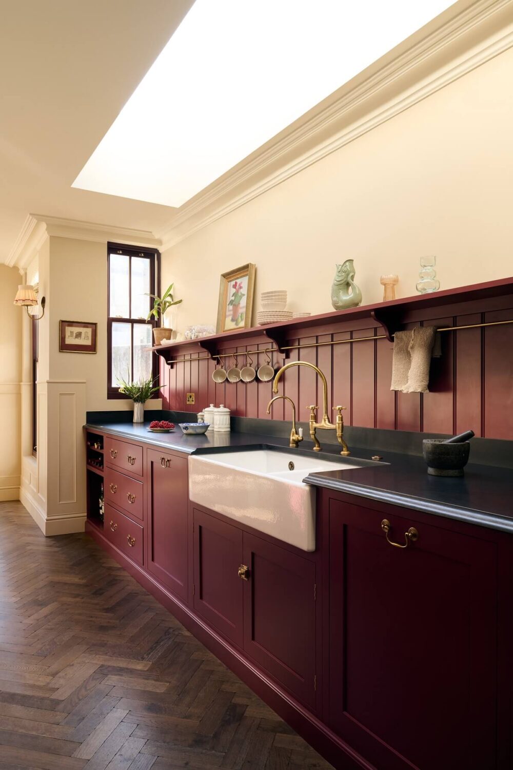 The Color Trends for 2025: Warm, Natural Shades and a Cheerful Accent 42 devol-real-shaker-kitchen-refectory-red-cabinets-tongue-and-groove-backsplash-skylight-nordroom