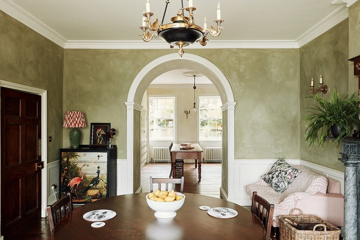 A Georgian Townhouse with Views of the Falmouth Harbour 3 dining-room-arched-doorway-kitchen-green-walls-nordroom